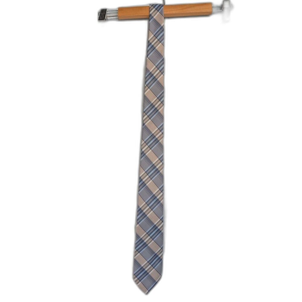 Vintage Egon von Fürstenberg Plaid Silk Blend Tie Gray Blue Tartan Designer Tie